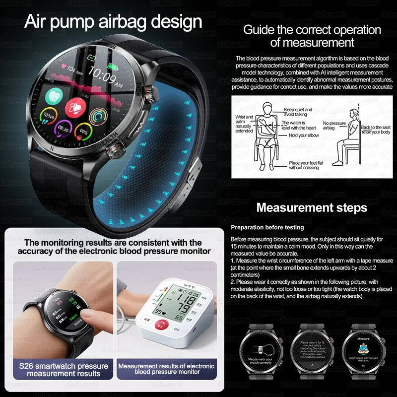 2026New NFC Health Smart Watch Men Air Pump+Air Bag Precise Blood Pressure Fat Measurement Voice Call SmartWatch For Android IOS