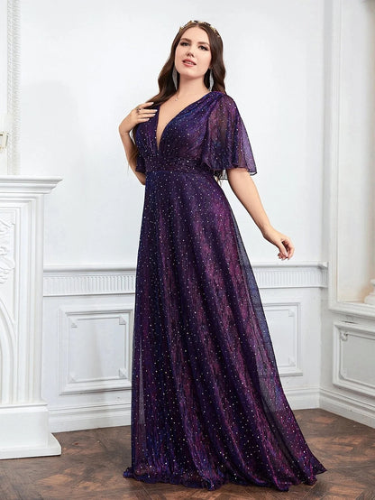 Wedding Bridesmaid Dress For Plus Size Female Fashion Plunging Neck Butterfly Sleeve Glitter Party Dresses Large Size Lady Dress