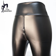 Double Zipper Open Crotch Pants for Women Large Size Black Matte Leather