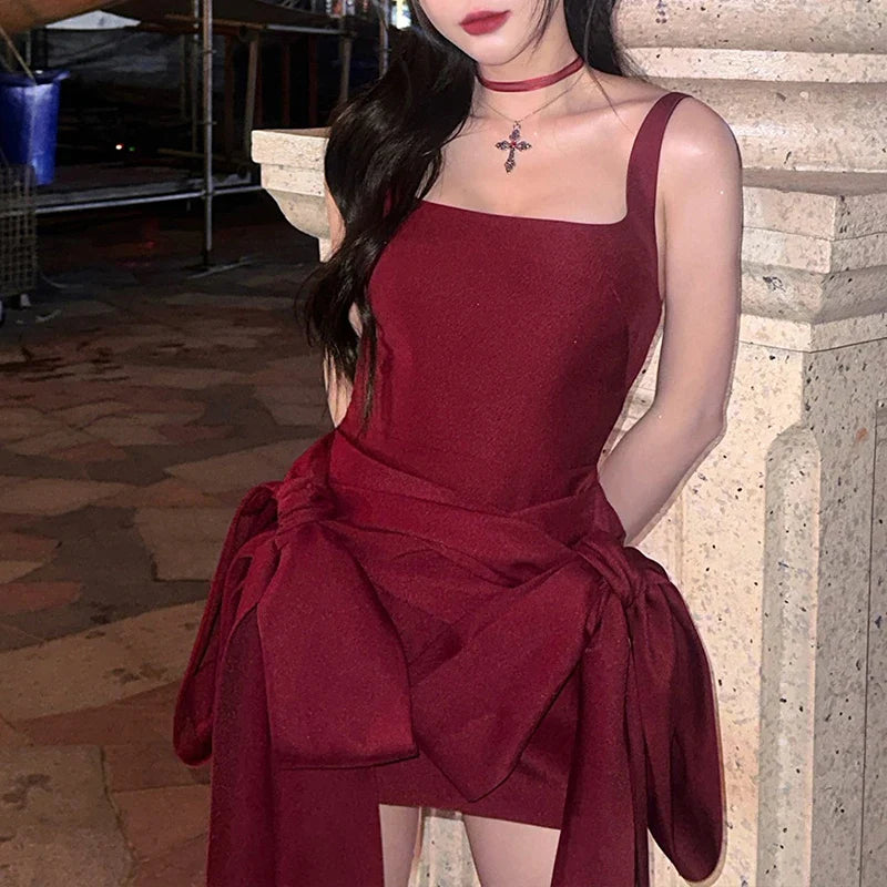 BKLD Fashion Red Bowknot Mini Dress Straps Square Collar Sleeveless Backless Vintage Cute Ladies Slim Party Short A-line Dresses