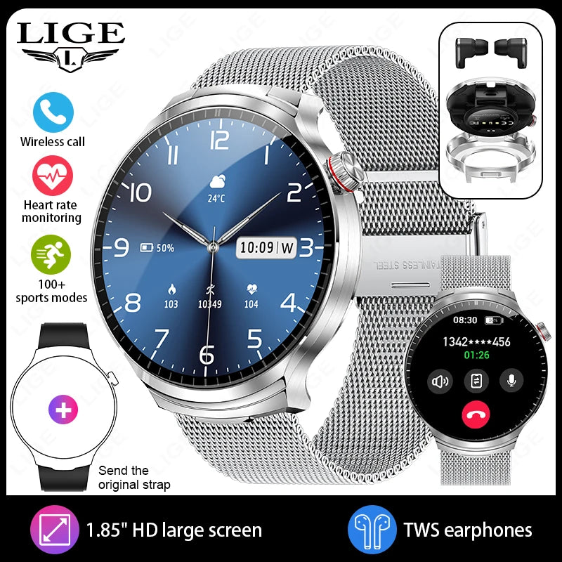 LIGE 2025 New TWS 2-In-1 Headset Smart Watch 1.85" Bluetooth Call Men Earphone Smartwatch Heart Rate Health Monitor Music Watch