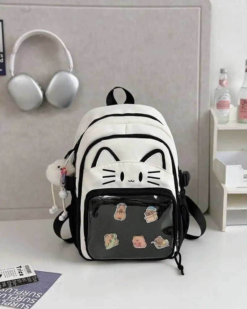 Y2K Cute Cat Ita Backpacks Large Capacity Knapsack Casual Girl Transparent DIY Display Rucksack Cartoon Trendy Travel Schoolbags