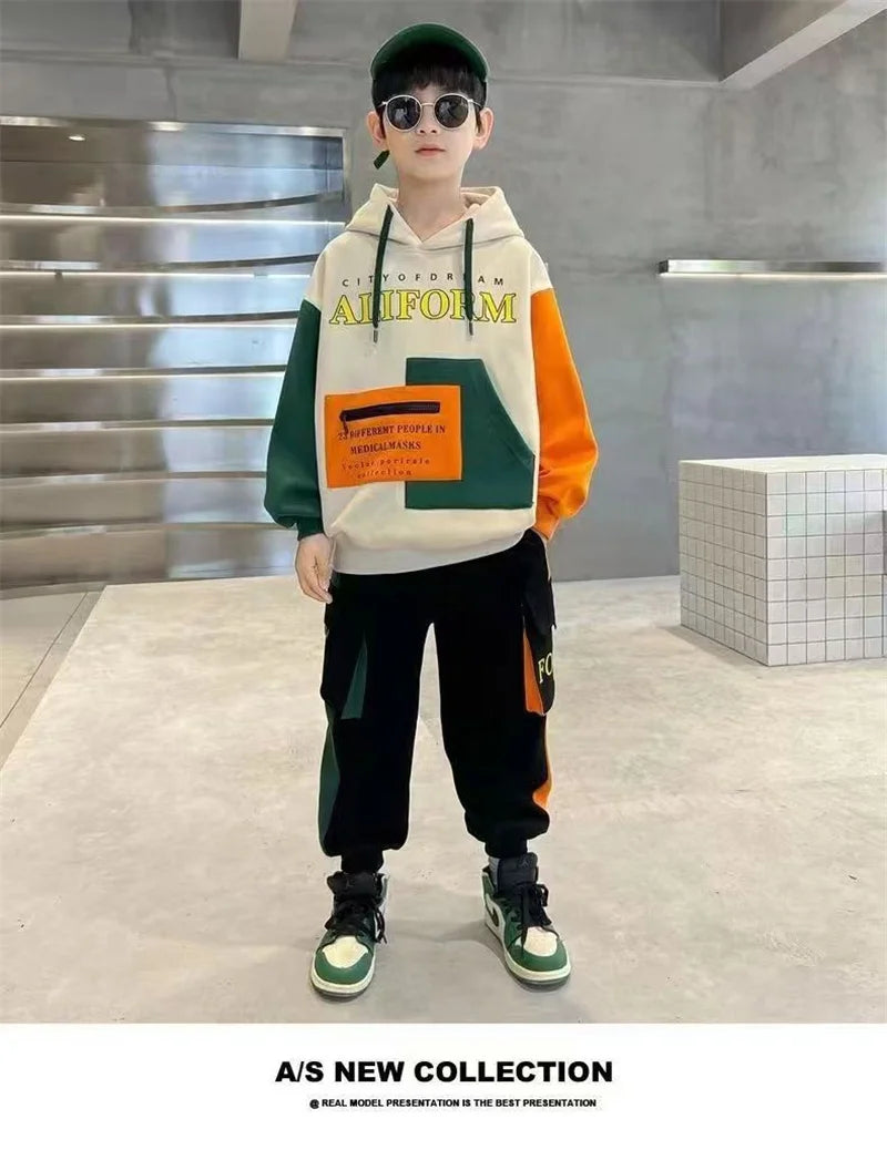 Boys Tracksuit Sets Children Patchwork Letter Sweatshirts+Pants 2Pcs Outfits Teenager Autumn Fashion Hooded Suits Spring Clothes