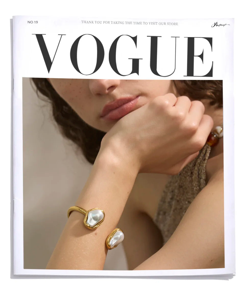 Yhpup 59mm Stainless Steel Baroque Simulated Pearls Cuff Bracelet Bangle Tarnish Resistant Gold Color Wrist Jewelry New