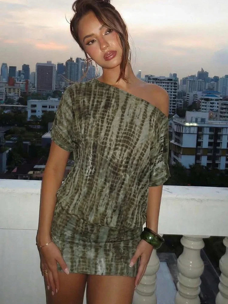 Beyprern Sexy Tie Dye One Shoulder Mini Dress Women Summer Backless Bandage Bodycon Short Dress Club Outfits Female Vestidos