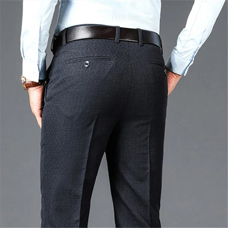 Business Casual Suit Pants Men Solid High Waist Straight Office Formal Trousers