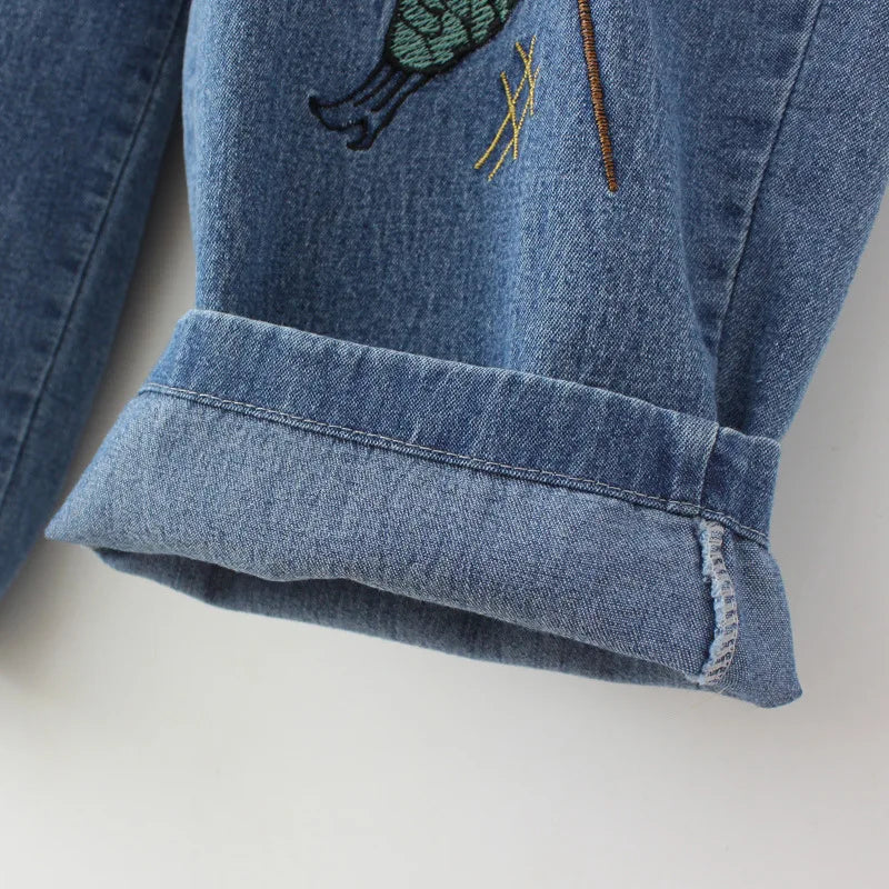Plus Size Women Jeans Oversized Curve Clothes High Waist Slim Embroidery Fish Patch