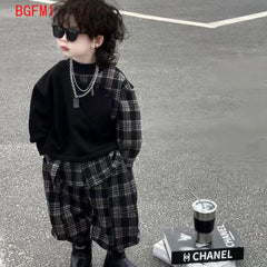 Baby Boys Children Clothes Spring Autumn Kid Fashion Splicing Plaid Coat + Plaid Pants 2Pcs Set Streetwear Handsome Sportswear