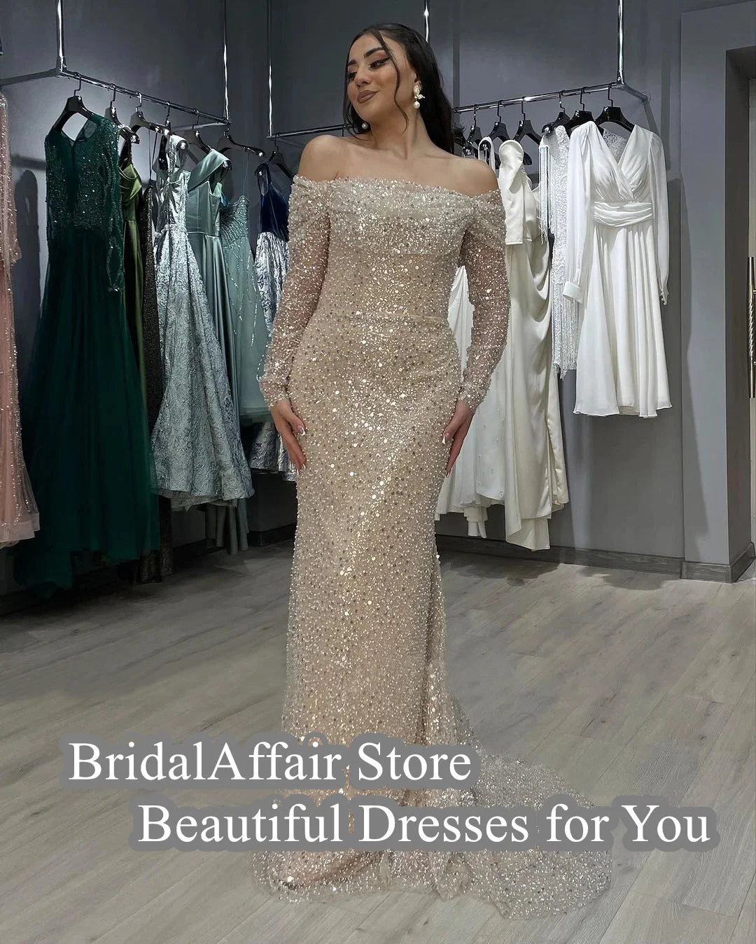 Homecoming Dresses: Champagne Beading Sequined Pearls Mermaid Prom Dresses