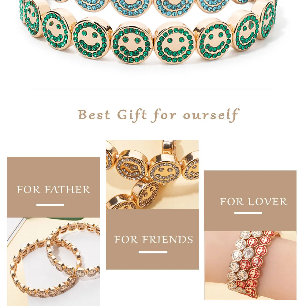 2024 New Happy Bangle Paved Diamond Enamel Beaded Bracelets For Women Boho Gold Color Elastic Bracelets