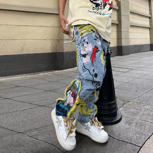 Chinese Painting Embroidered Patch Denim Ripped Jeans for Men Streetwear