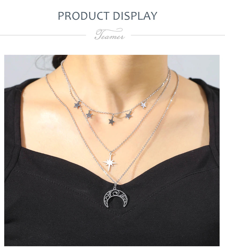 Teamer Three Layer Witchy Necklace for Women Star Moon Stainless Steel Necklaces