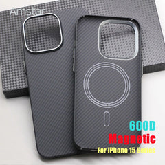 Amstar Magnetic 600D Carbon Fiber Case for iPhone 15 Pro Max 15 Pro Metal Button Aramid Fiber Cover Support Magsafe Charging