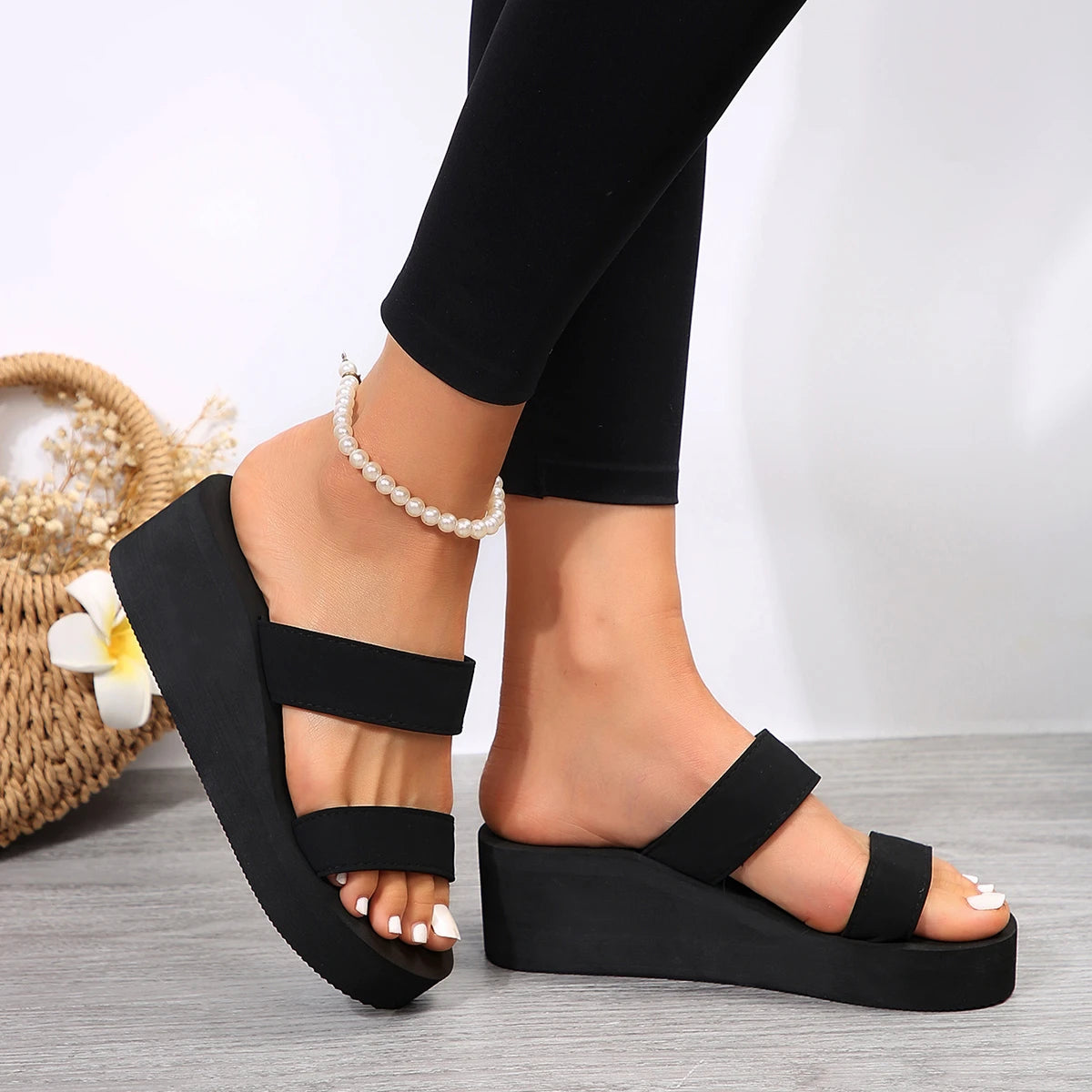 Wedge Heel Thick Sole Ladies Sandals High Heels Sandals Summer Casual Women Shoes Beach Flip Flops Solid Slides Women Slippers