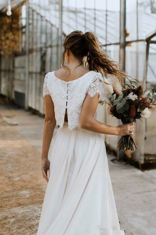 White Bridesmaid Dresses: Wedding Dresses Two Pieces Lace Top with Short Sleeve