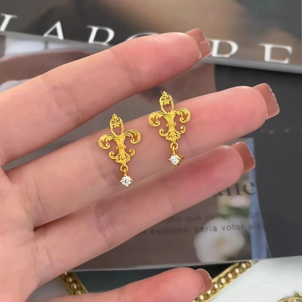 24K Real Gold Iris Earrings 9999 Ancient Fashionable and Versatile Women's Earrings Niche Design Earrings