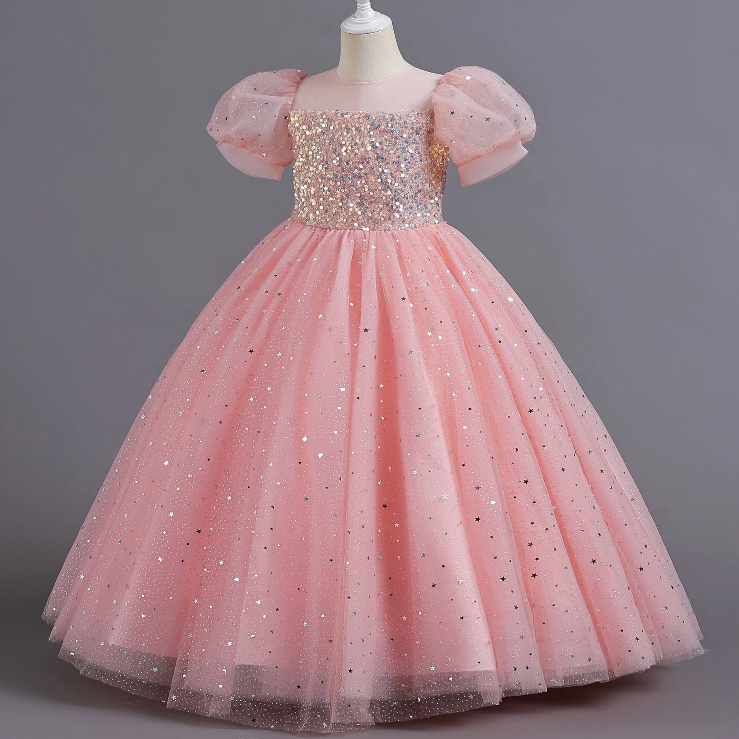 Children's Dress Girls' Princess Sequin Bubble Sleeve Long Mesh Flower Little Girl Wedding For Summer
