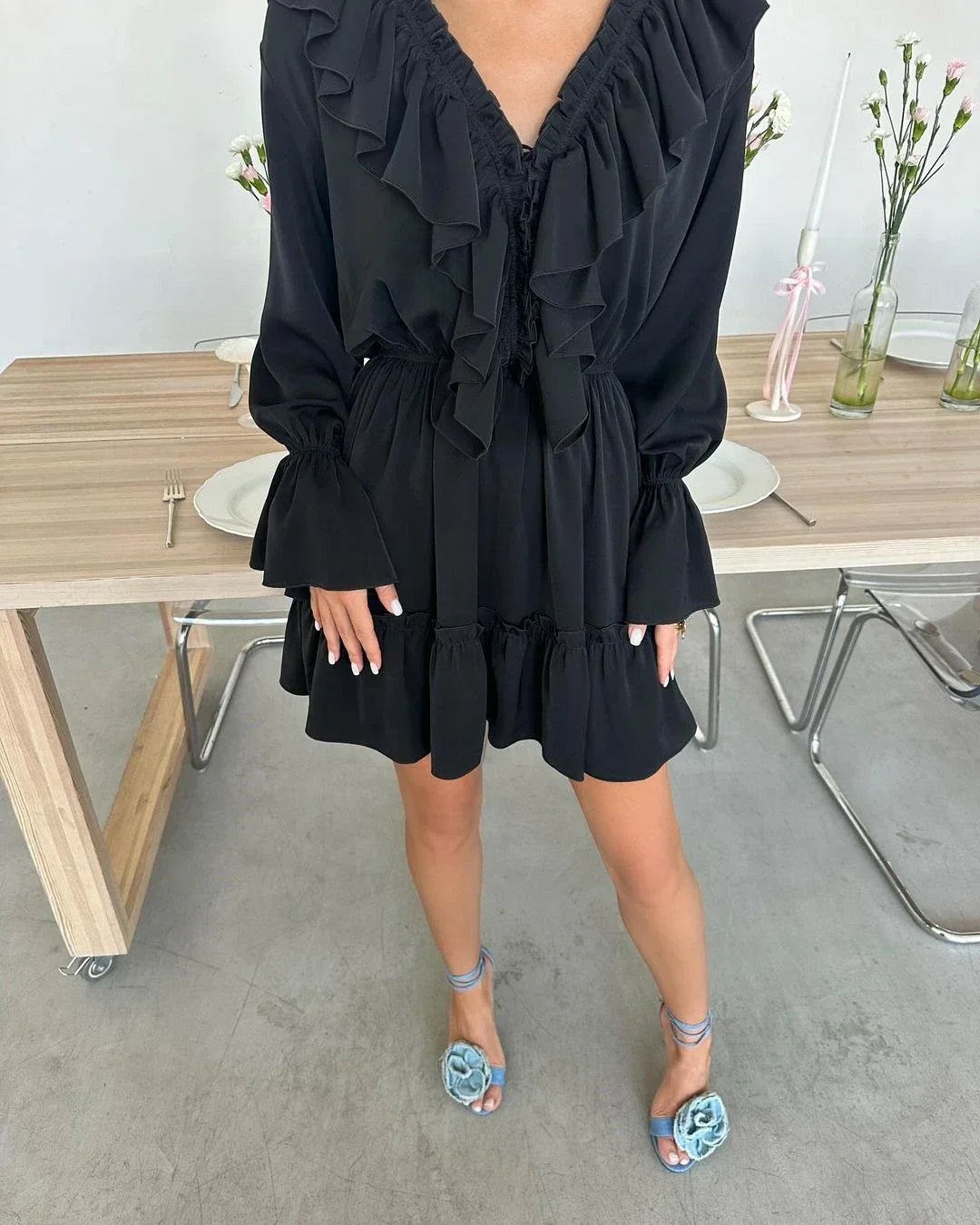 Talenza White Ruffle Bandage Mini Dress Women's Elegant Patchwork Long Sleeve Dress New Slim V Neck Lace Up Summer Mini Dress