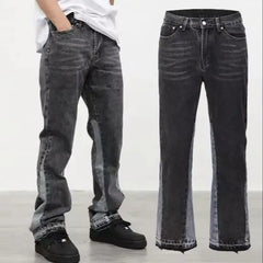 Men's Jeans Casual Black and Grey Patchwork Vintage Wash Jeans Trousers