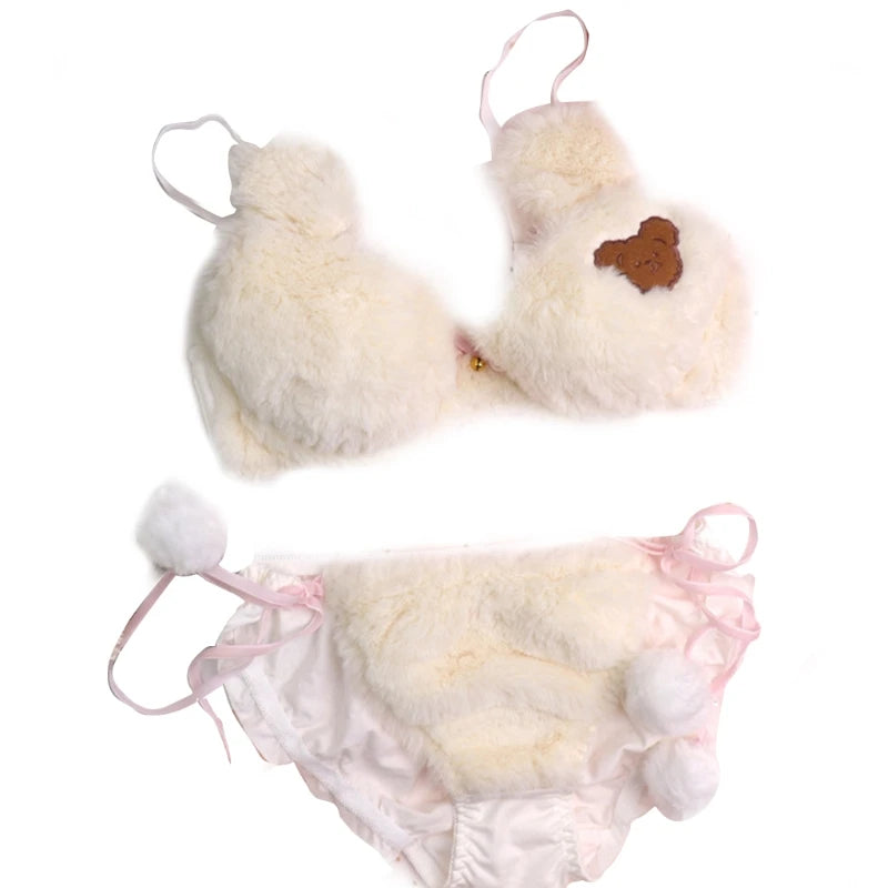 Womens Lolita Kawaii 2pcs Bra Panty Set Cute Bear Embroidery Fluffy Faux