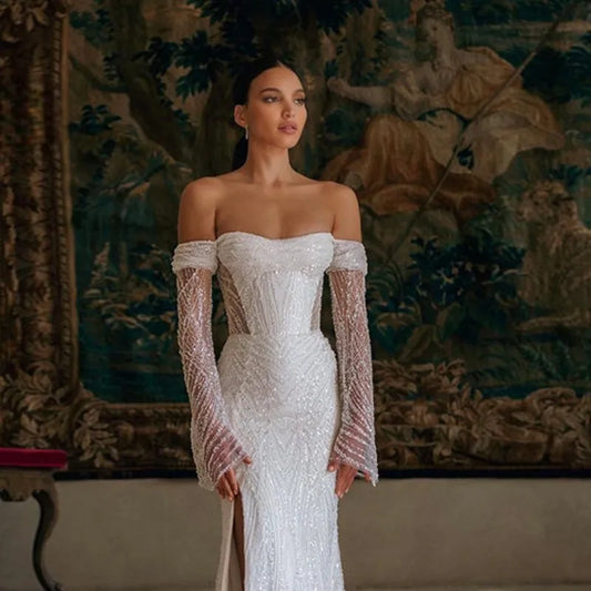 White Bridesmaid Dresses: Wedding Dresses Mermaid Sequins Off Shoulder