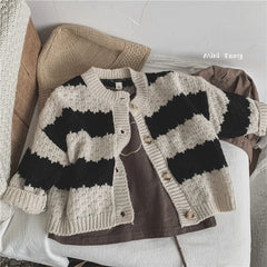 Baby Boys And Girls Baby Black And White Striped Knitted Cardigan Children's Casual Loose Baby Clothes