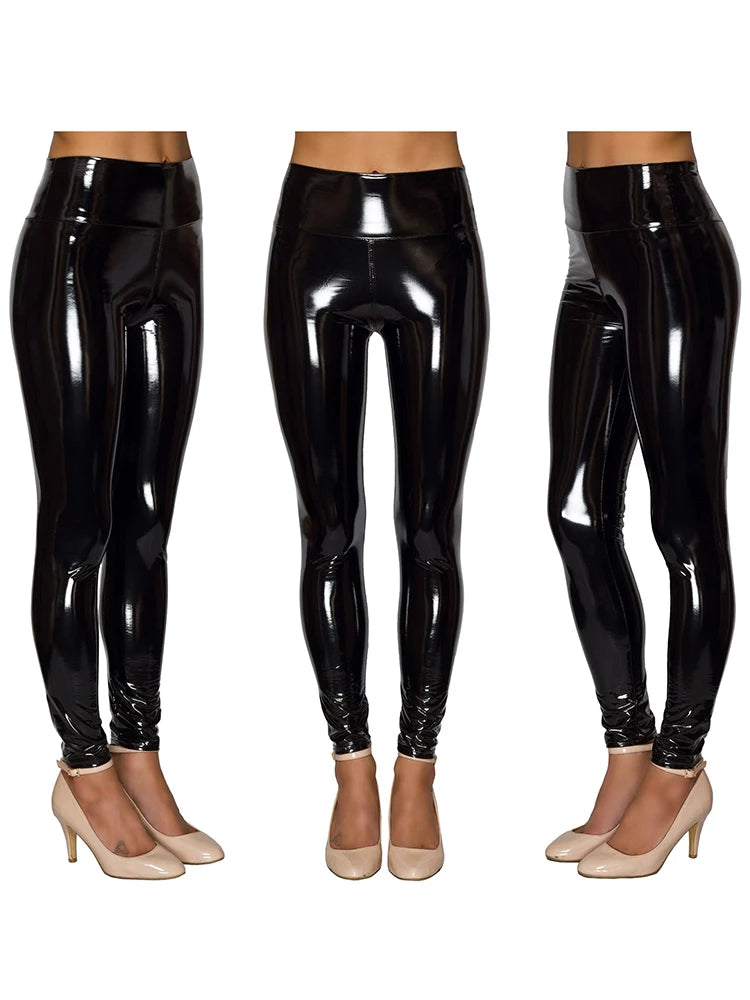 Women Black Pencil Pants Shiny Leather PU Leggings Elastic High Waist Slim