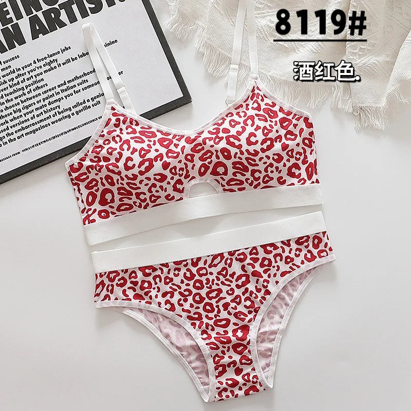 Women Seamless Bra Set Low Waist Panties Leopard Bralette Lingerie Set Sport