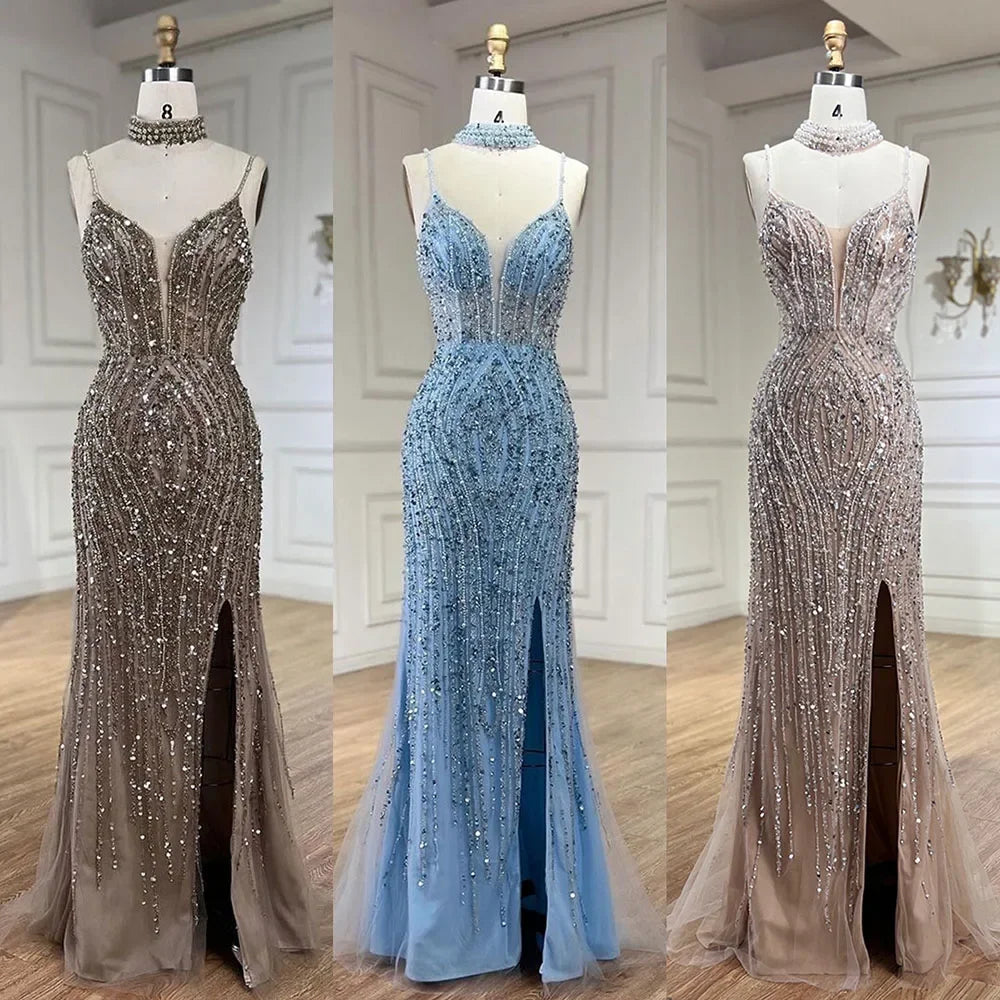Homecoming Dresses: Spaghetti with split Strap Beaded Evening Dresses