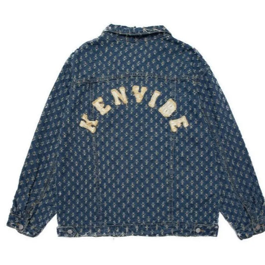 American street print hollow hole denim jacket high street loose embroidery casual jacket