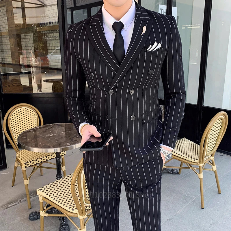 Tuxedo for Mens: Vertical Stripe Men's Suit Homme Slim Fit Business
