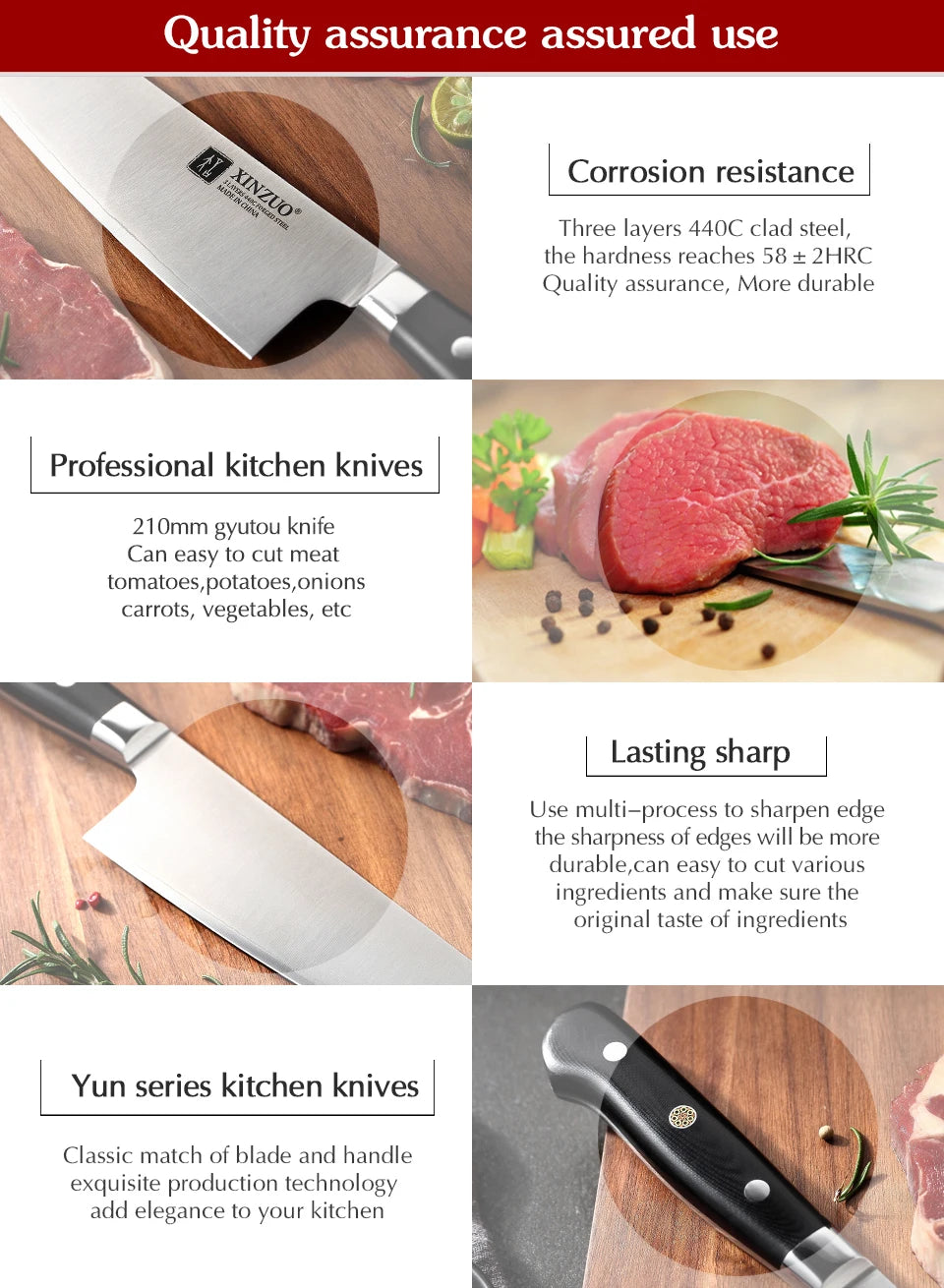 210mm Chef Knife 3 Layer 440C Core Clad Steel Kitchen Knives Stainless Steel