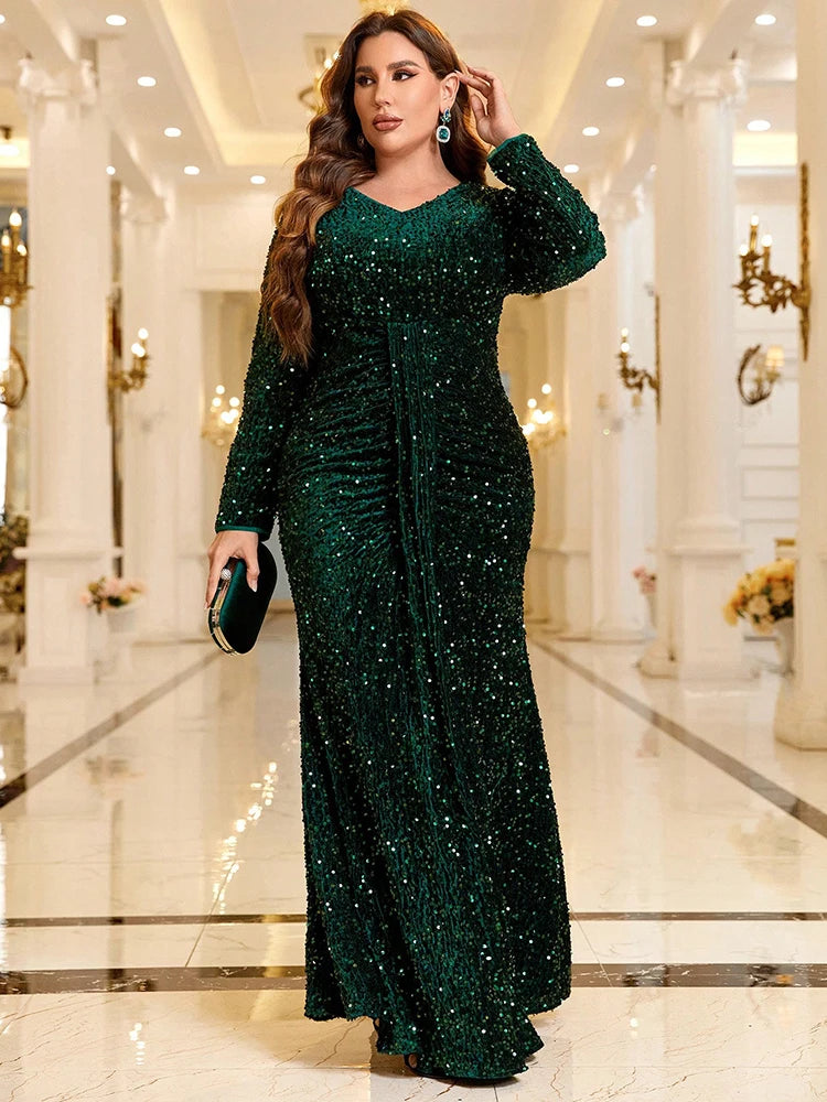 TOLEEN Women Plus Size Maxi Dresses Sequined Plus-size Evening Gown Elegant V-neck Skintight Long Mermaid Party Ball Dress