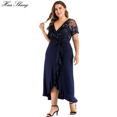 Curvy Woman Party Dress Summer V Neck Short Sleeve Sequied Bridesmaid Wedding