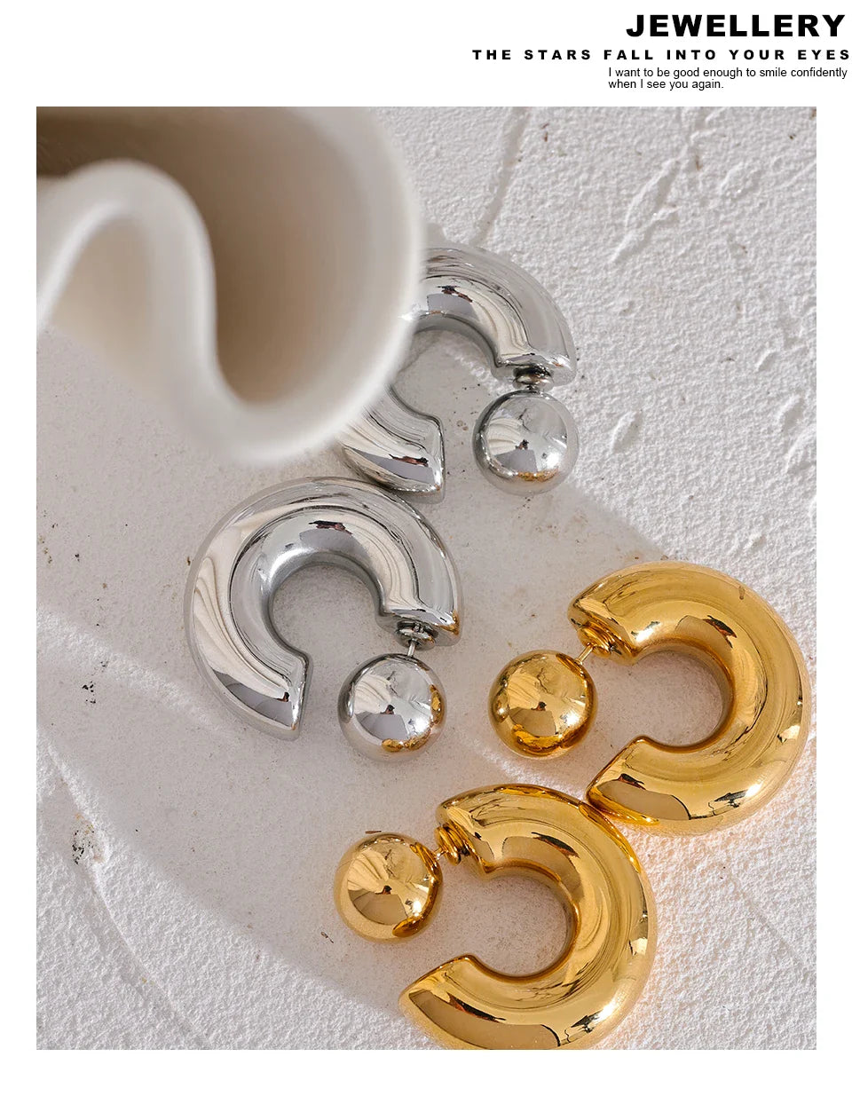 Yhpup Stainless Steel C Shape Round Chunky Unusual Earrings Jewelry Waterproof Metal Texture Attractive Women Accessories Gift