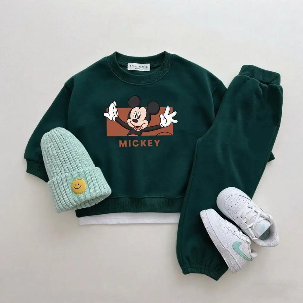 Boys Trendy Wear Long-sleeved Tracksuits Children 2026 Costume Mickey Mouse Tops Green Sweatpants New Two Piece Baby Clothing