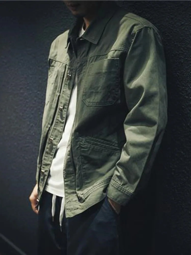 Vintage Cargo Denim Jacket Men's Washed Loose Casual Cotton Long Sleeve Jacket