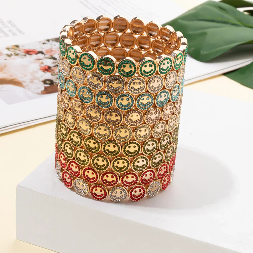 2024 New Happy Bangle Paved Diamond Enamel Beaded Bracelets For Women Boho Gold Color Elastic Bracelets
