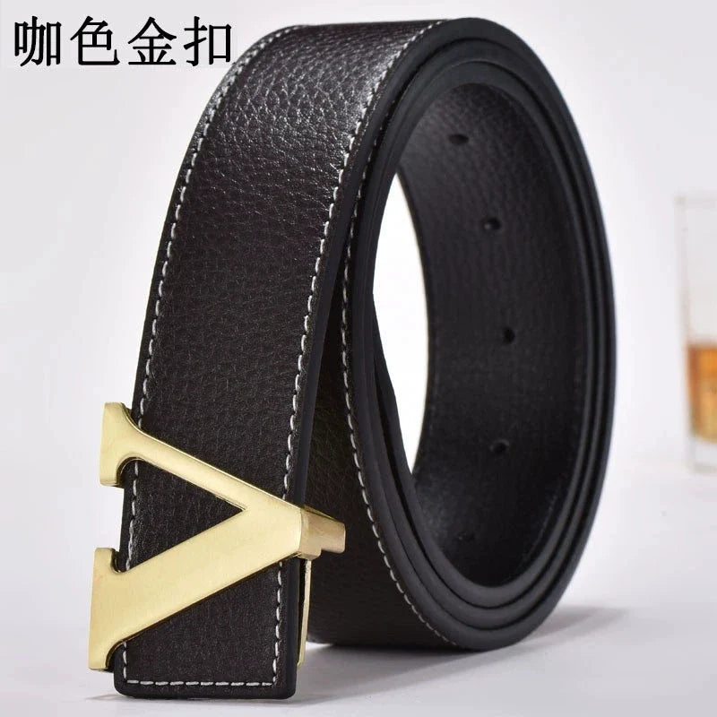 Men's high-end belt with smooth buckle; Korean style fashion trend letter V belt; men's belt