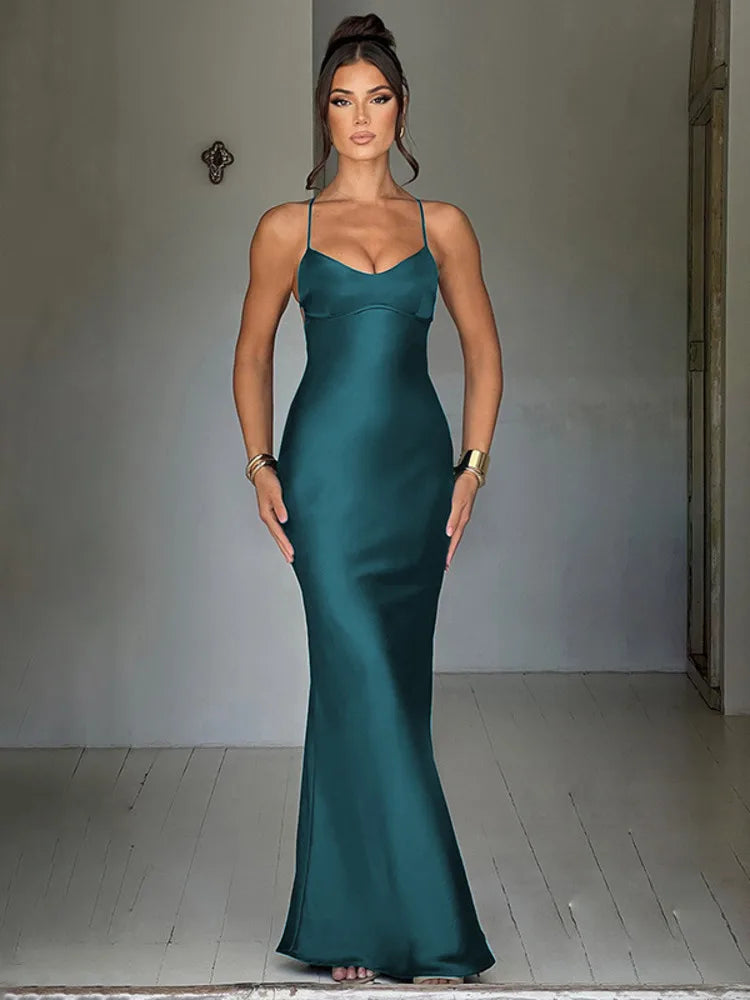 Formal attire Dresses: Strap Bodycon Satin Dress With Open Back Lace Up Female