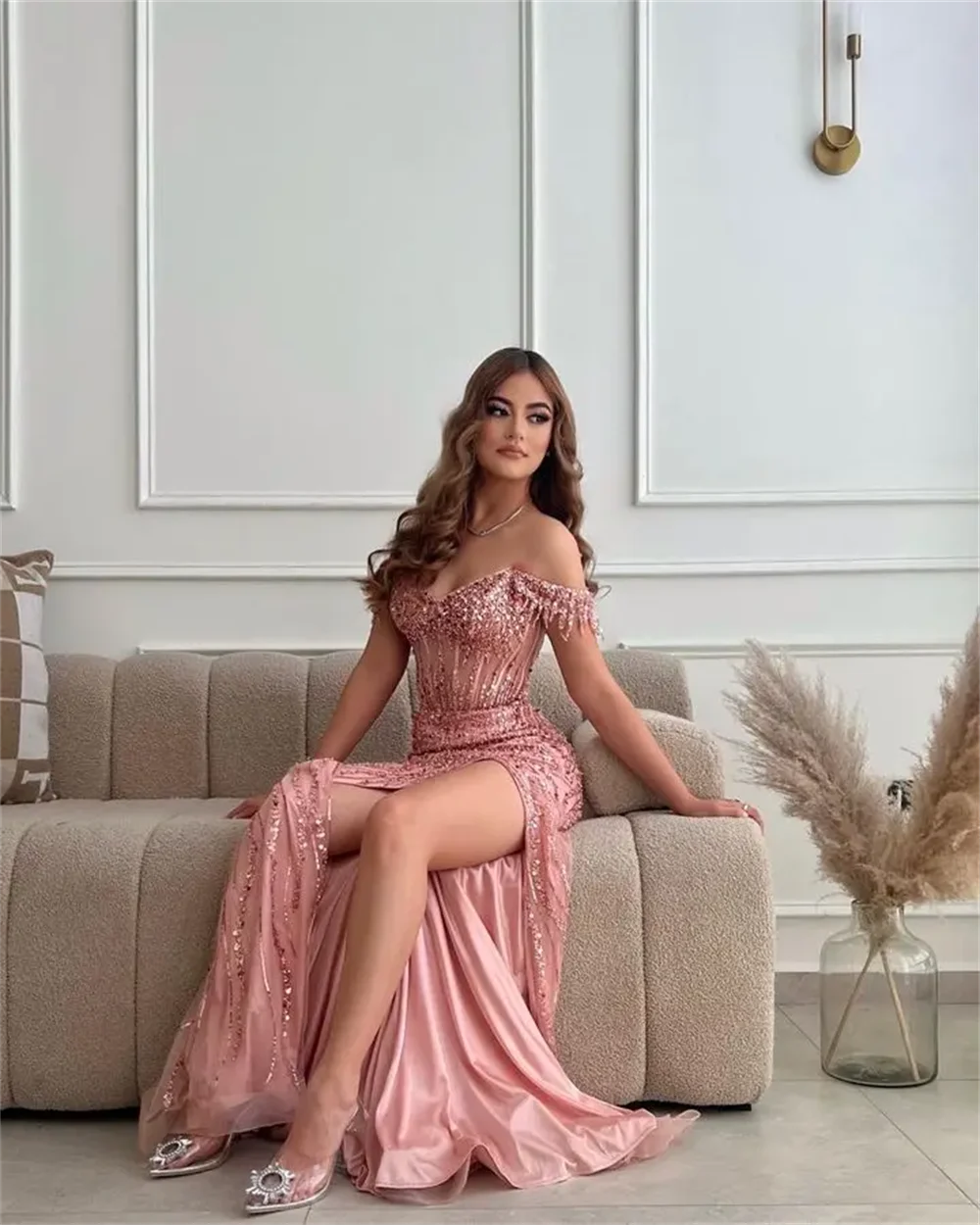 Homecoming Dresses: Blue Off Shoulder Prom Dress Side Split Blue Silk