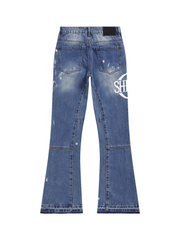 Retro Blue Flared Jeans For Men Slim Fit Long Length Stacked Denim pant