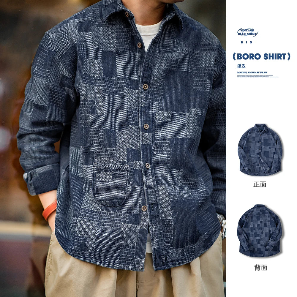 Maden Japanese Retro Boro Denim Shirts for Men