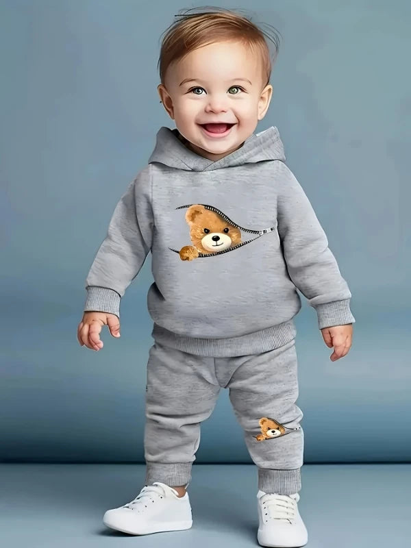 Newborn Baby Boy's Zipper Bear Print Fleece Hoodie & Casual Fashion Pants Set (Fall/Winter)