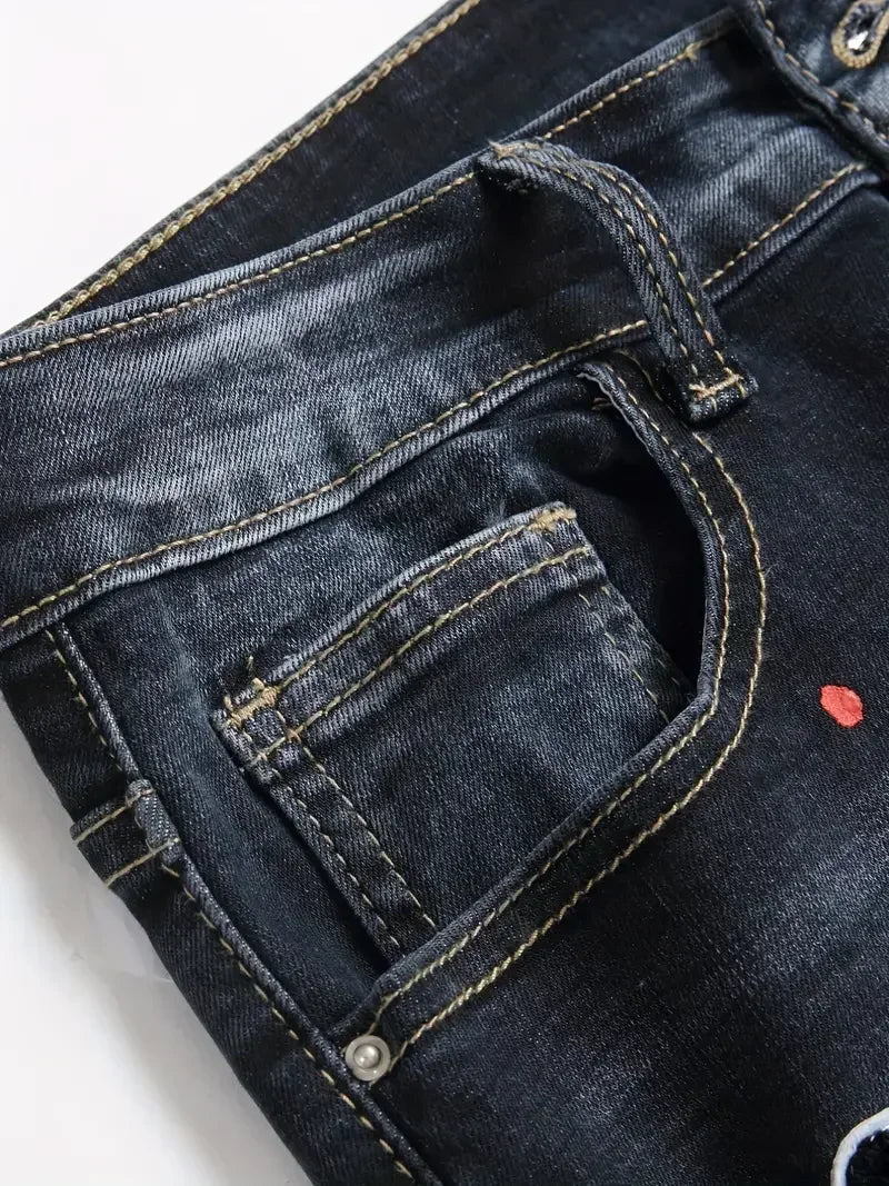 Men y2k Stretchy Denim jeans Ripped Skinny Letter Print elastic waist Casual pants