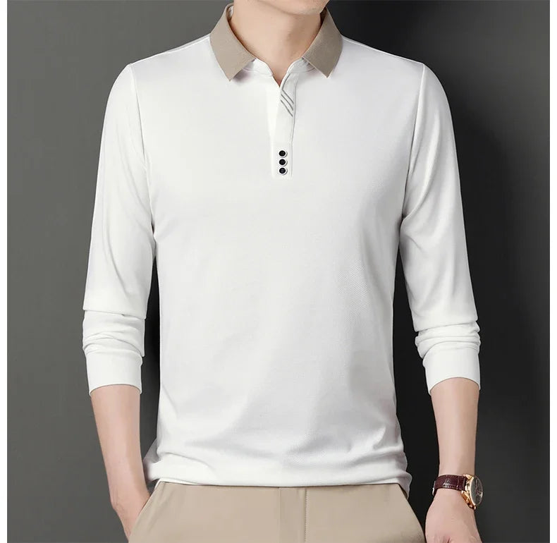 New Men's Long-sleeved Polo Shirt Sweatwear Business Casual Top Fashion Classic Solid Color Male Brand Basic V-neck Top