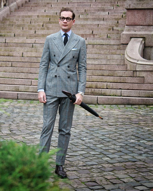 Fashion Grey Plaid Suits Men‘’s Wedding Groom Tuxedo Business Blazer Slim Fit