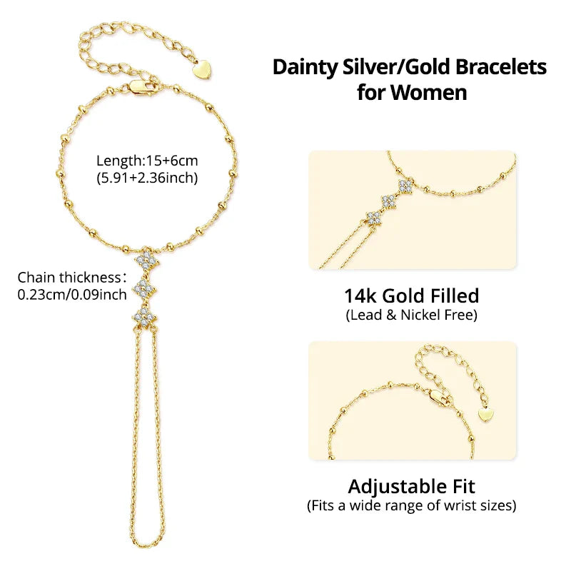 BISAER 925 Sterling Silver Finger Ring Bracelet Hand Chain Trendy Thin Dainty Stackable Chain Plated Gold for Women Fine Jewelry