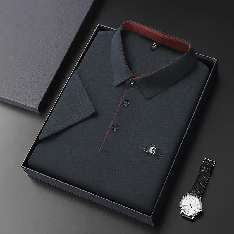 New Men's Business Casual Short Sleeved Shirt with Badge Solid Color Polo Shirt Fashionable Breathable Comfortable Versatile Top