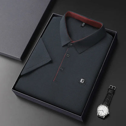 New Men's Business Casual Short Sleeved Shirt with Badge Solid Color Polo Shirt Fashionable Breathable Comfortable Versatile Top